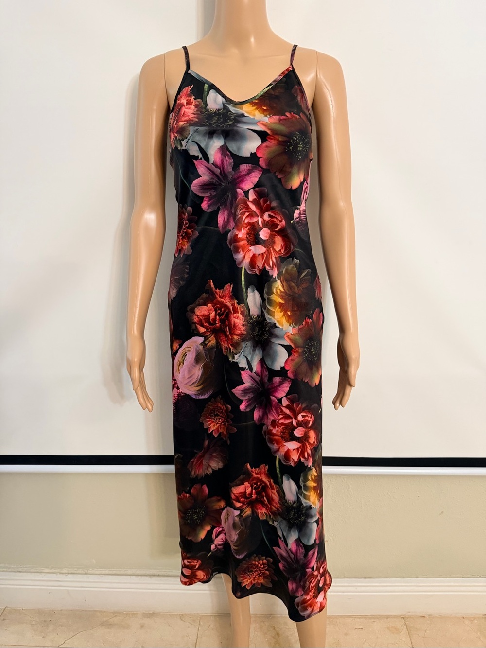Black all saints Floral Slip Midi Dress with Red & Pink Blooms - Picture 2 of 9
